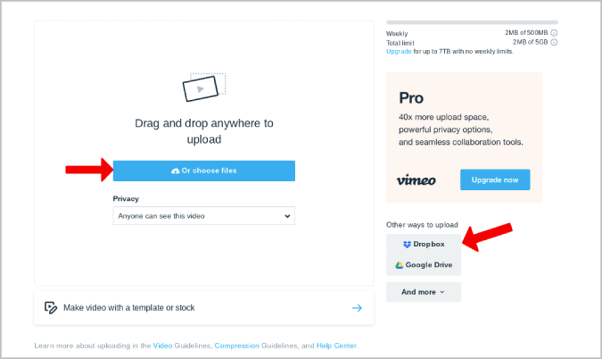 Uploading file from local storage or cloud storage on Vimeo