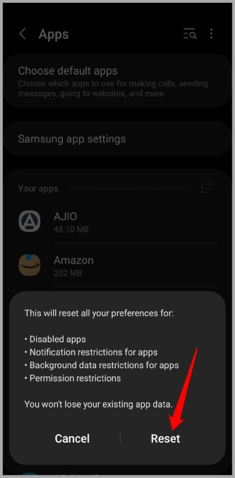 Confirm Reset App Preference on Samsung Galaxy Phone