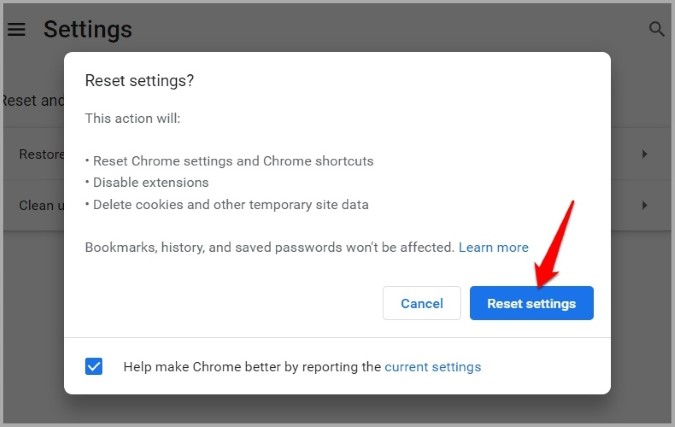 Confirm Reset Chrome Settings