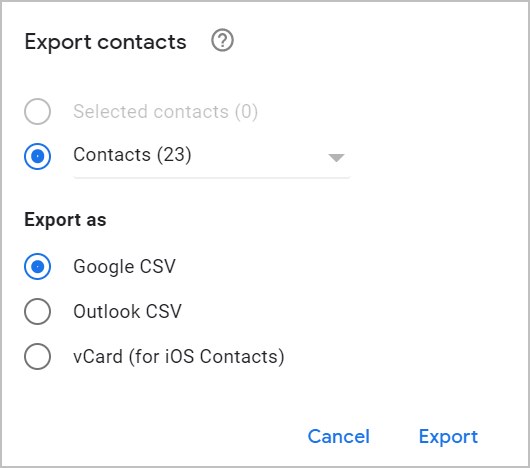 Contacts Export Google CSV