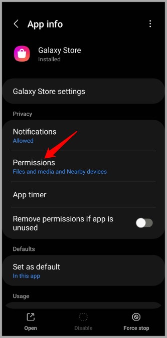 Permisos de la aplicación Galaxy Store en el teléfono Samsung