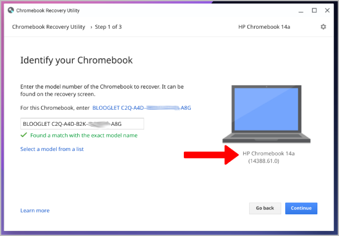 Model Number of your Chromebook in Chromebook Recovery Utility