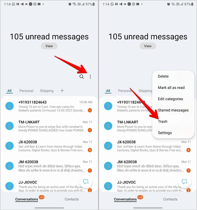 Papelera de mensajes de Samsung