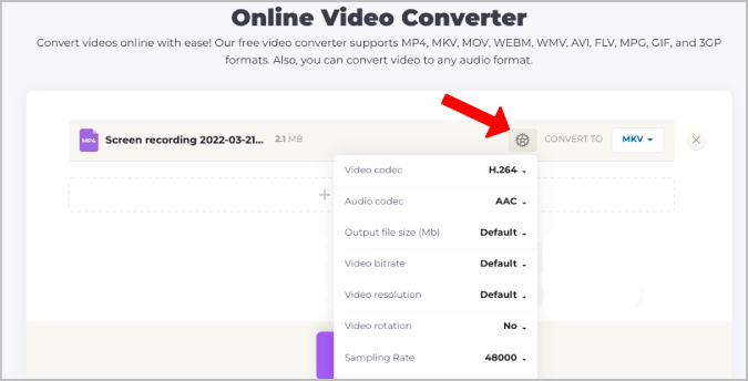 Adjusting the video settings on online video converter