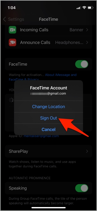 sign out and in to facetime on iphone