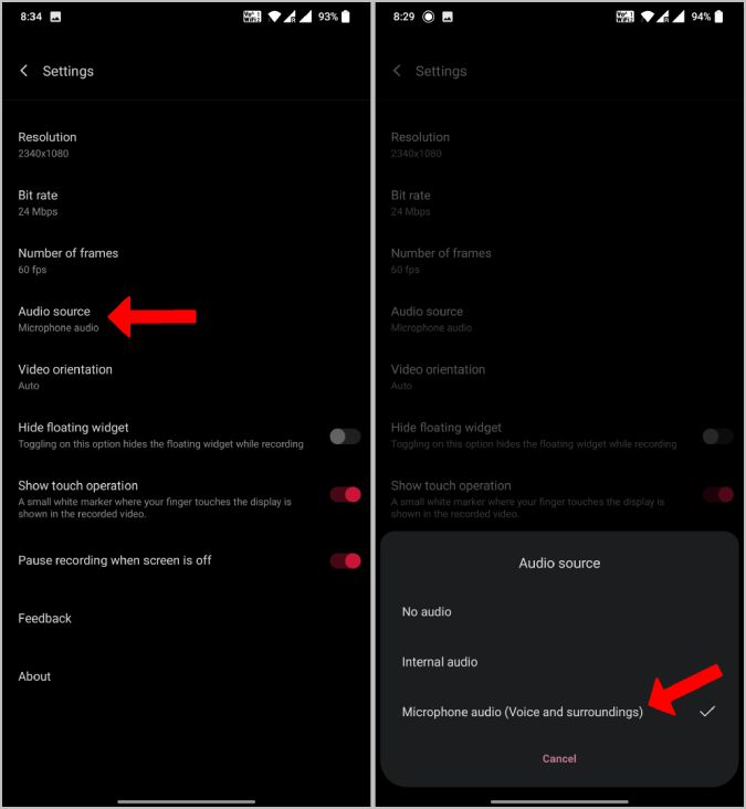 Audio Source option on OnePlus Screen Recorder