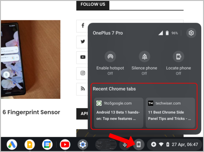 Recent Chrome tabs option on Phone Hub on ChromeOS