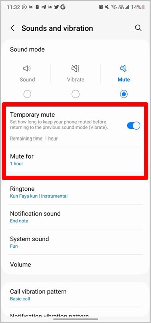 Samsung Settings Mute Temporary