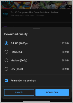 Selecting video quality to download YouTube video