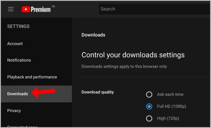 Downloads settings on YouTube 