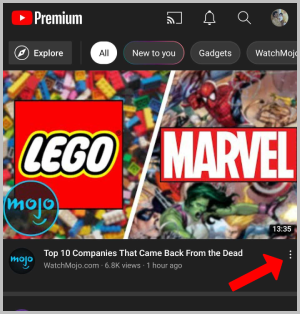 Opening three-dot menu for YouTube video on mobile