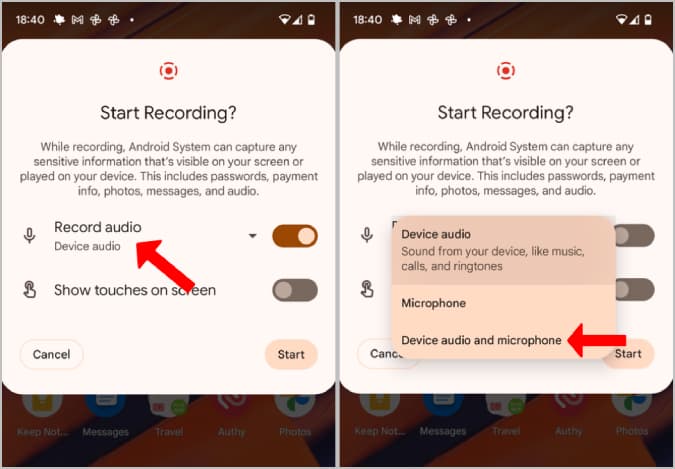 Sound Settings on Pixel Screen recorder