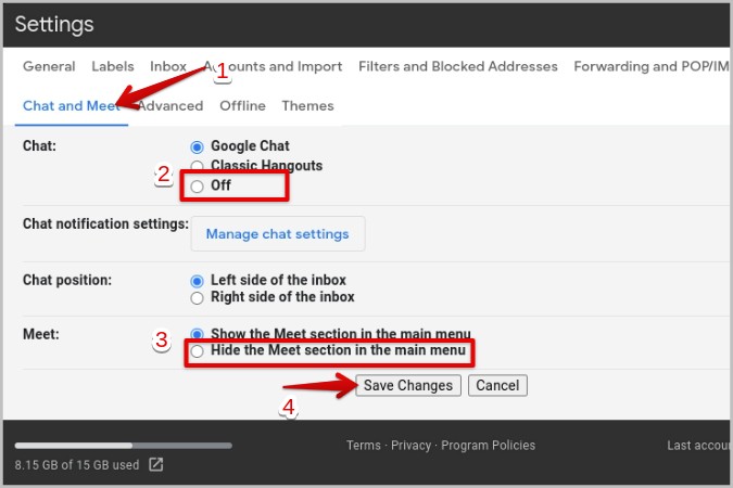 turning off Google chat and Google meet in Gmail
