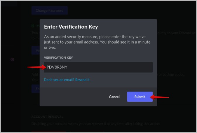 entering verification key provided by Discord