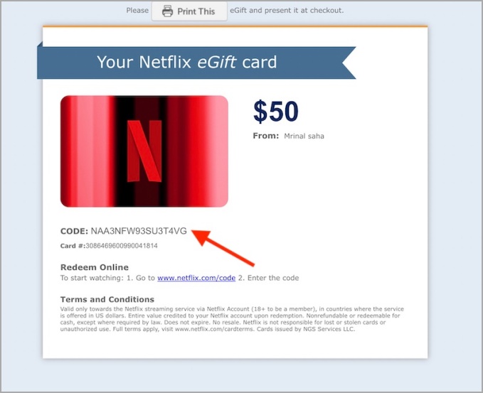 Netflix gift card email delivery copy the code