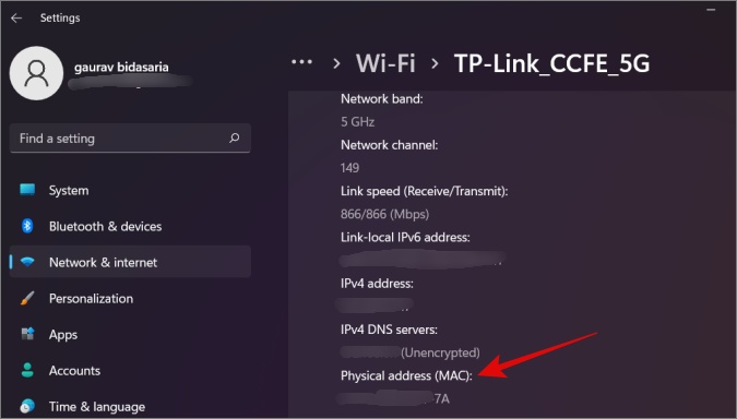 mac address of windows computer in network settings
