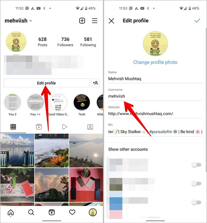 Instagram-Benutzername Profil bearbeiten