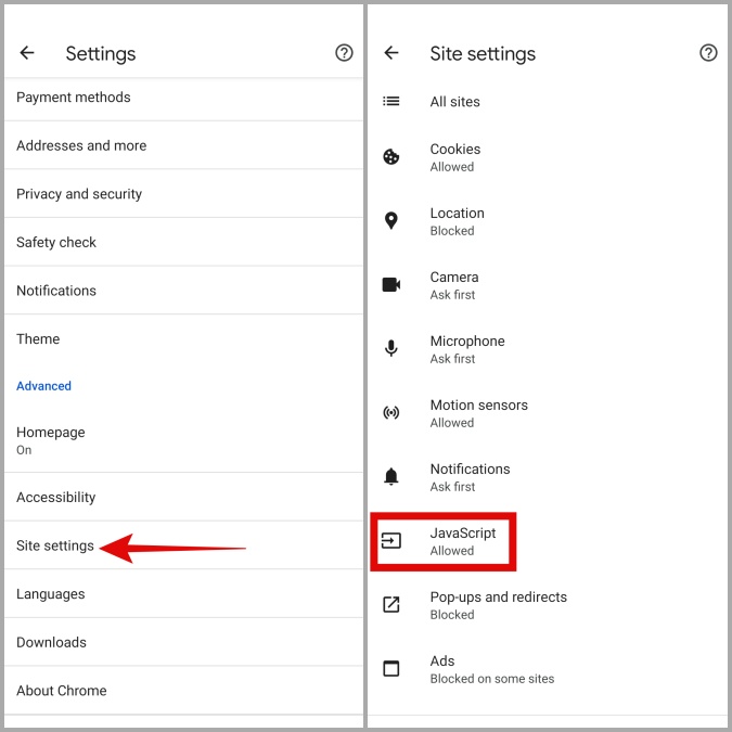 JavaScript Settings in Chrome for Android