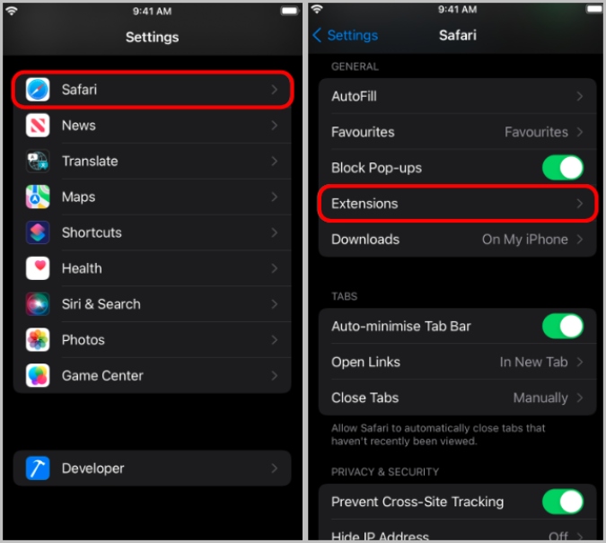 Opening Safari Extensions on iPhone Settings