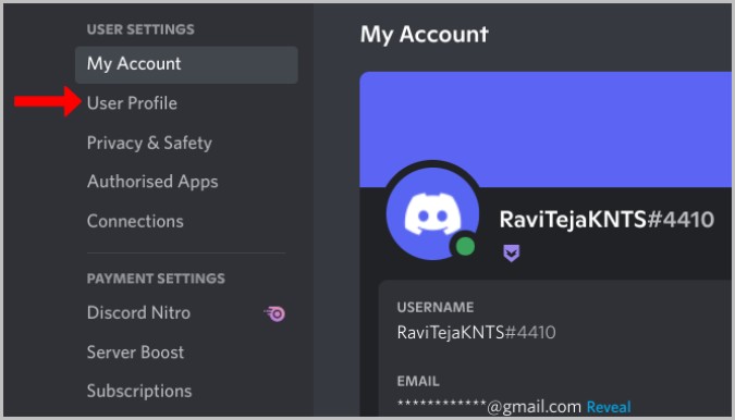 Opening User Profile Settings on Discord