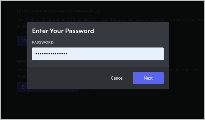 entering the discord password for authentication