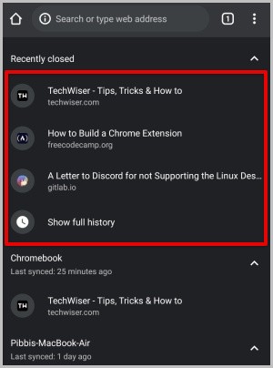 recently closed option in Chrome