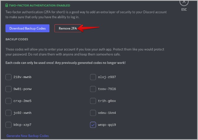 Remove two factor authentication button on discord