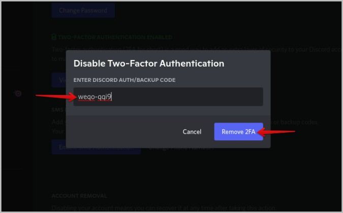 disabling two factor authentication on discord with the backup codes 