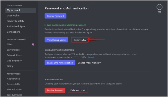 Remove two factor authentication on Discord