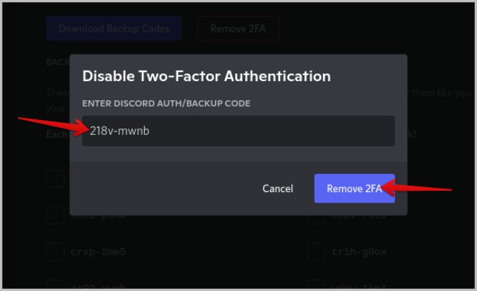disabling two factor authentication with backup code on Discord 