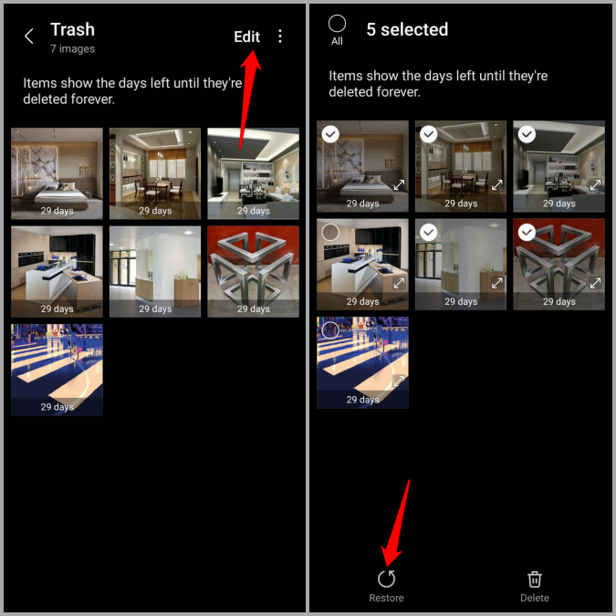 Restaurar múltiples fotos eliminadas de la aplicación Galería en el teléfono Samsung Galaxy