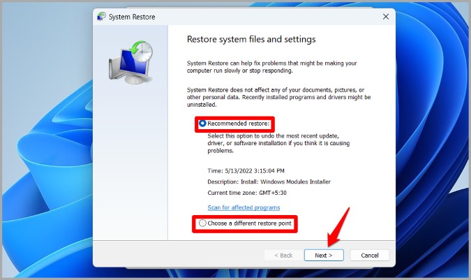 Select Restore Point on Windows