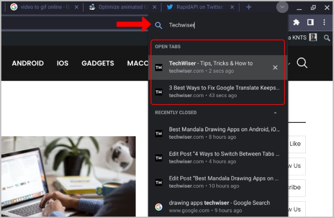 Search for tabs on Chrome browser