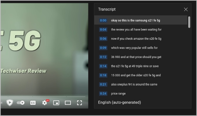 Transcript box in YouTube desktop