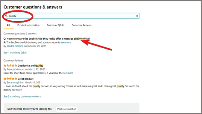 Amazon product page Customer question and answers text box