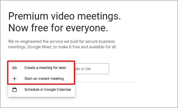 Instantly starting a meeting in Google Meet
