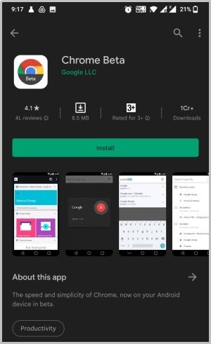 Aplicación beta de Chrome en Play Store