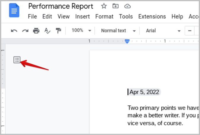document outline icon in Google Docs