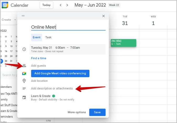 adding guests and description to the Google Calendar event