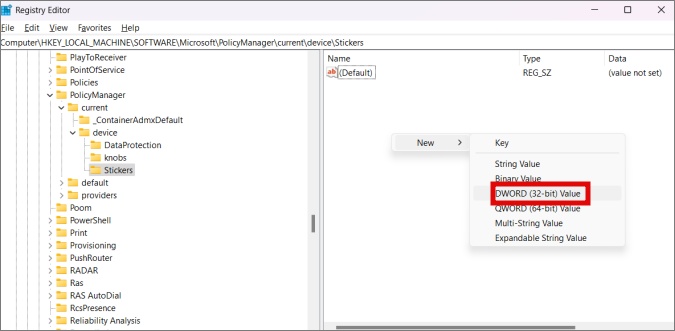 stickers dword 32 bit value file in registry editor on windows