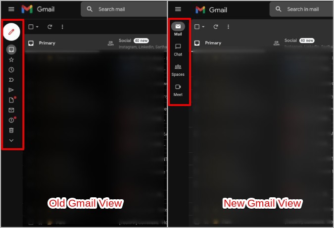 old Gmail view versus new Gmail view