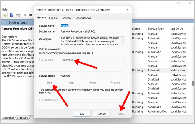 changing RPC status and startup type condition on windows 11