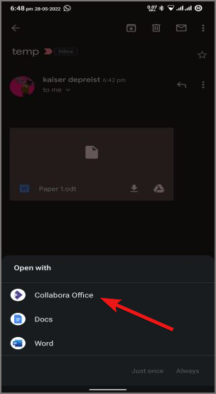Gmail inbox ODT open in Collabora