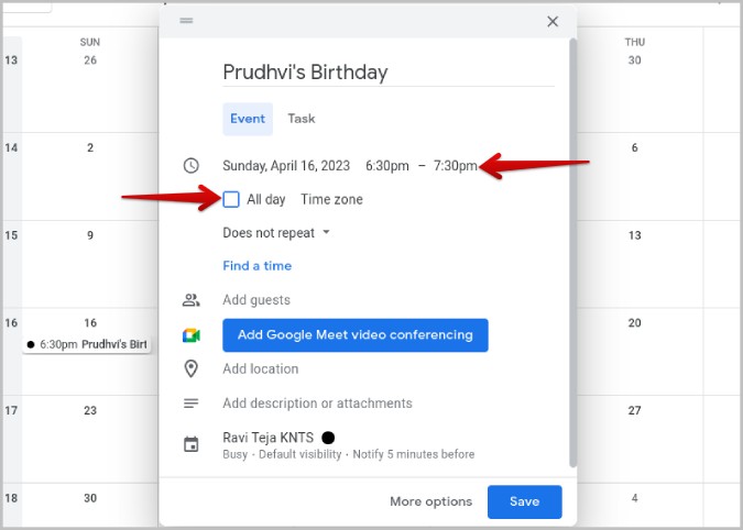 Setting time for Google Calendar event. 