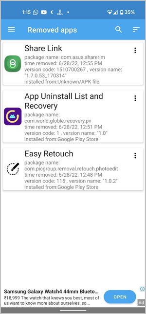 Android App View Removed Apps List