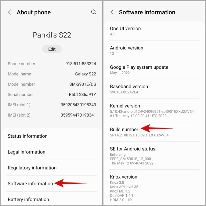 Información del software del teléfono Android