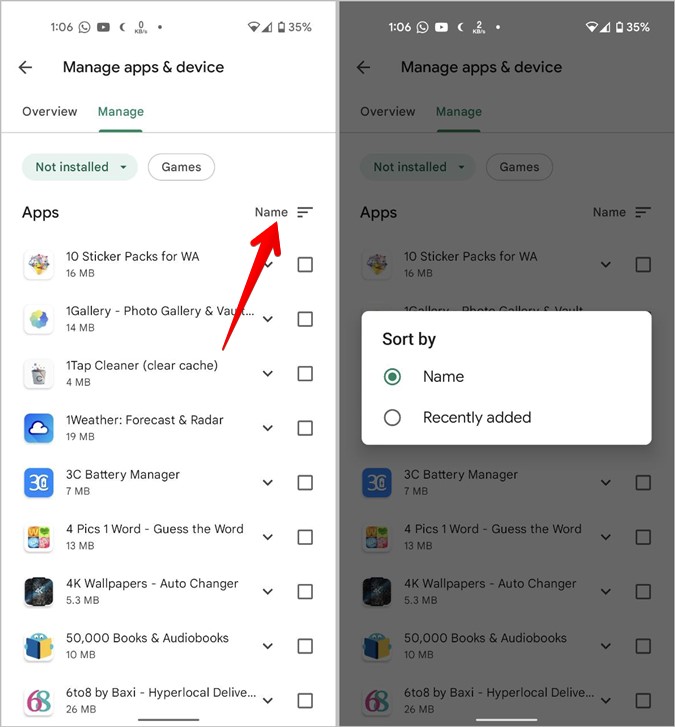 Android Play Store Uninstalled Apps Sort