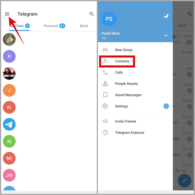Contactos en Telegram para Android