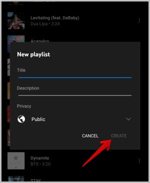 creating a new playlist on YouTube music