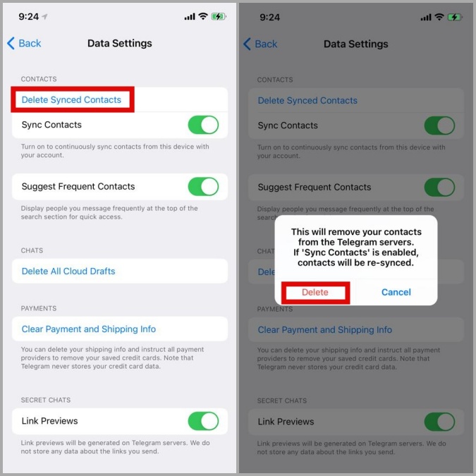 Eliminar contactos sincronizados en Telegram para iPhone